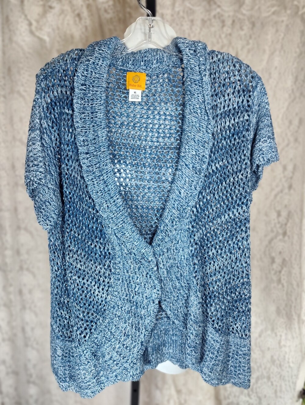 Ruby Rd Light Blue Silver Metallic Threads Open-Knit Short Sleeve Cardigan